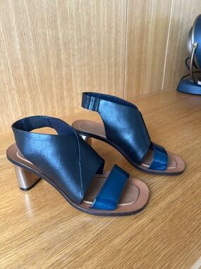 Celine Black Leather and Navy Patent Open-Toe Block Heel Sandals